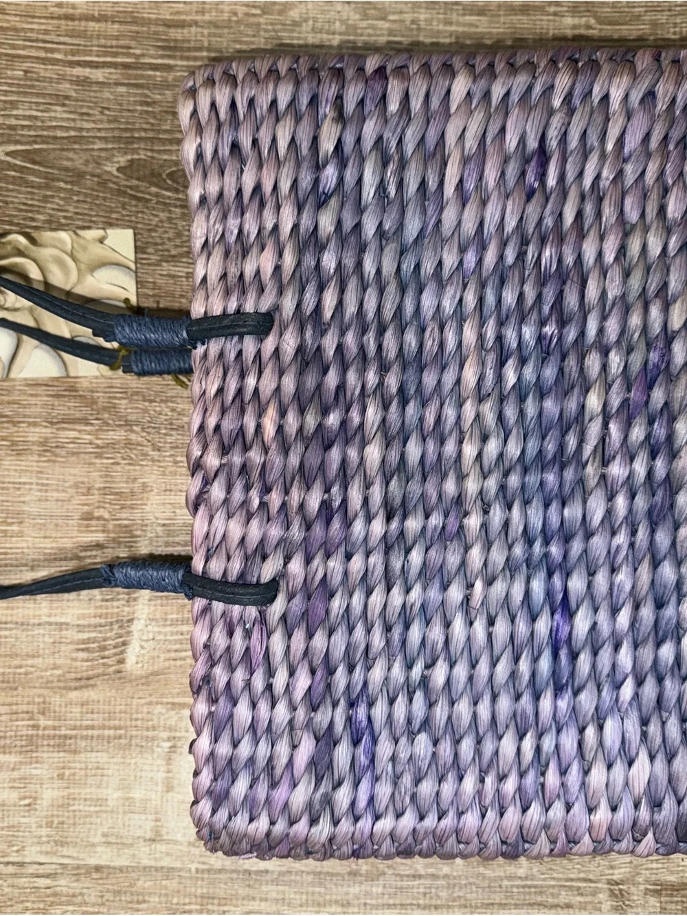 Handwoven Purple Straw Tote Bag with Tropical Print Panel